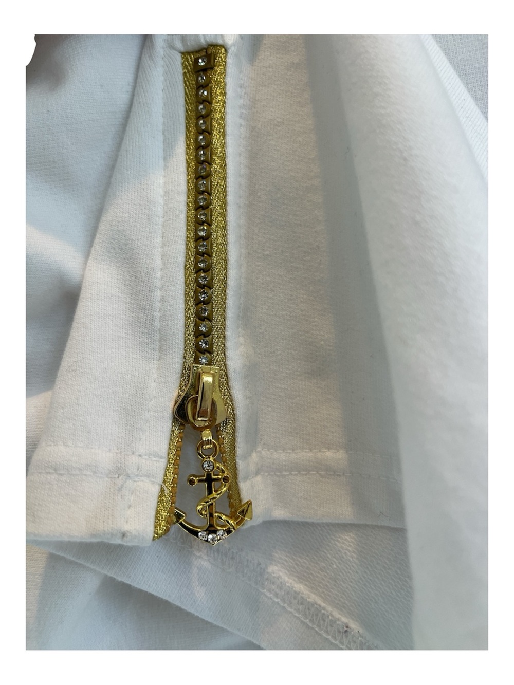 Quacker Factory White Anchors Away Gold Rhinestone Bling Ankle Zip Crop Pants L